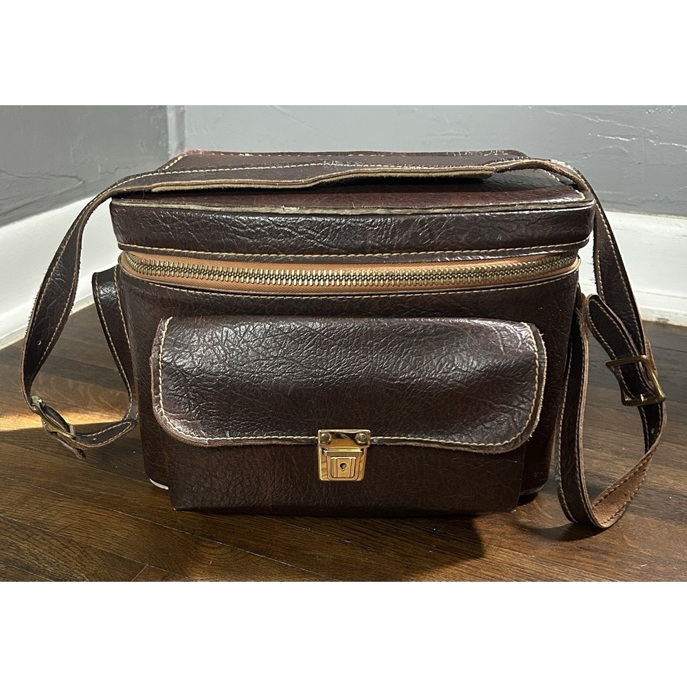 Vintage Camera Bag Brown Leather Carrying Case Shoulder Strap Collectable Prop
